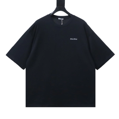 Miu Miu Classic Embroidered Badge Letter T-Shirt Black 01