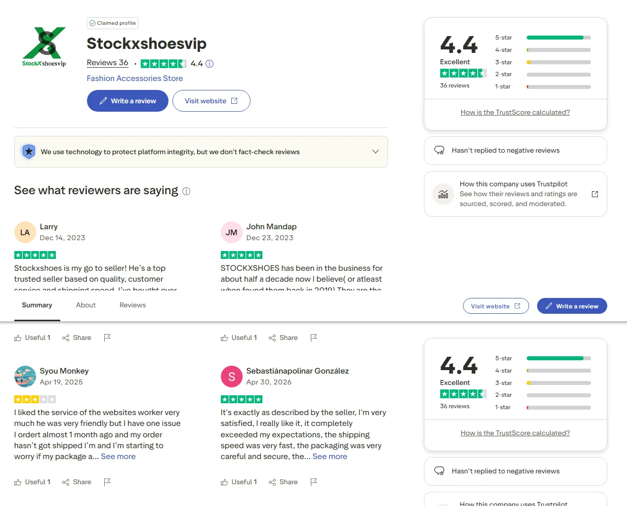 Stockxshoesvip Trustpilot review rating screenshot