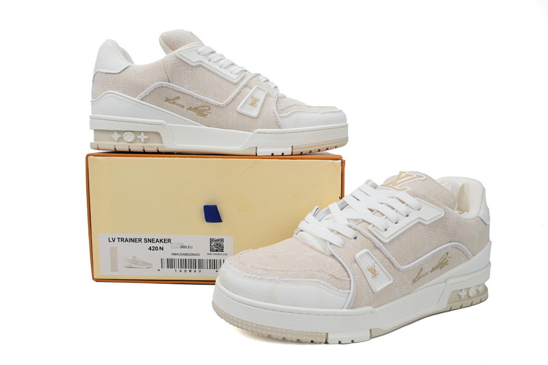 FC God Batch  Louis Vuitton Trainer Beige Distressed Denim