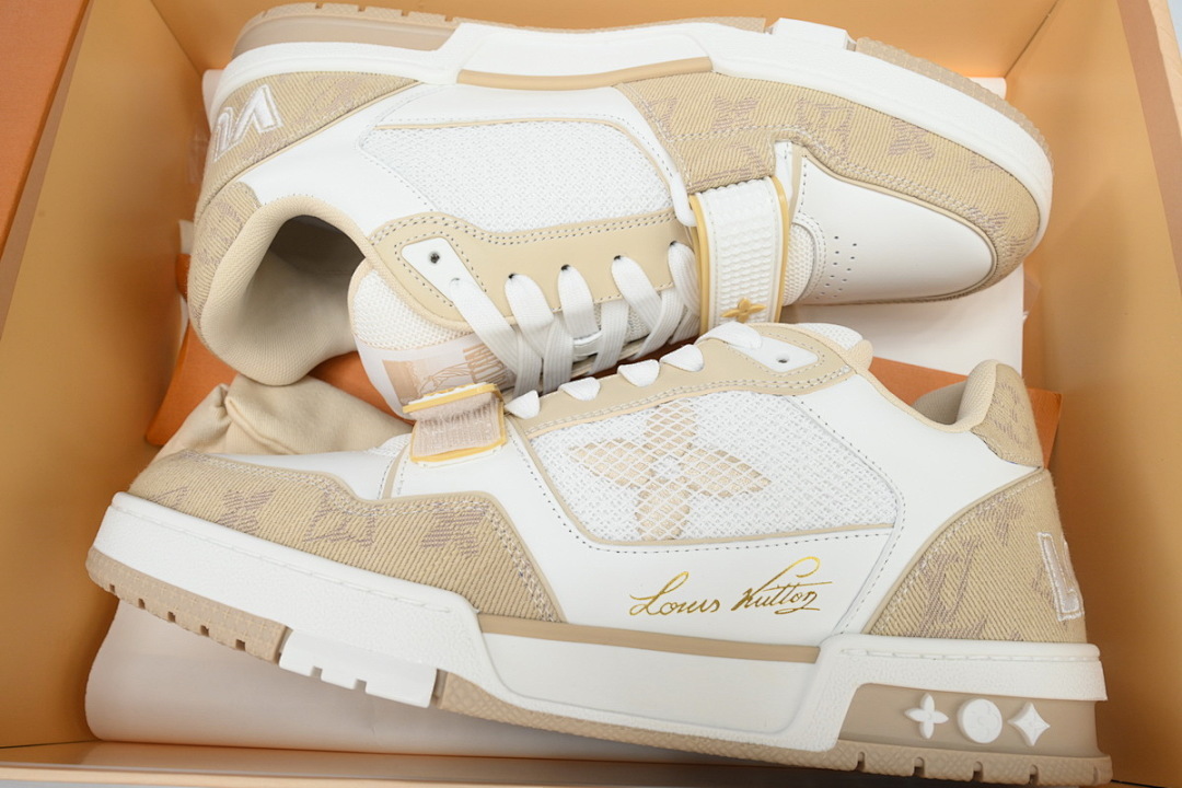 FC God Batch LOUIS VUITTON Trainer Apricot Denim Velcro Mesh