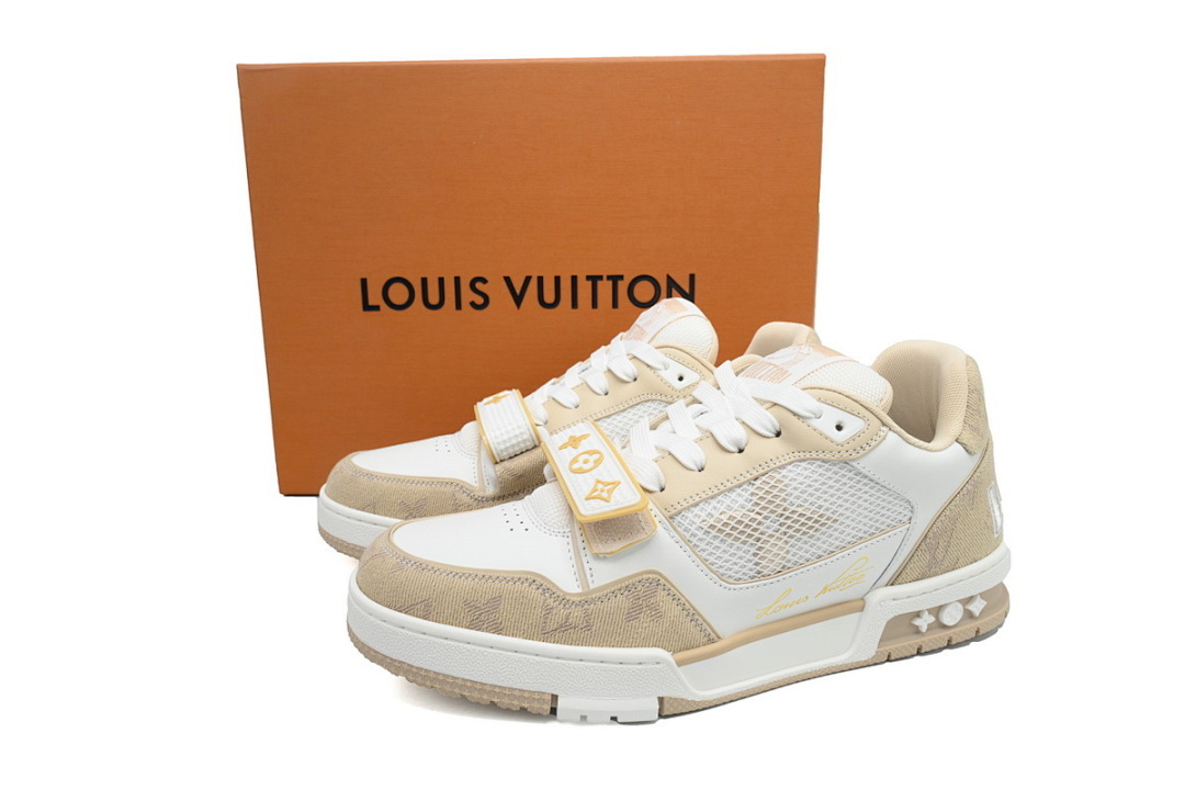 FC God Batch LOUIS VUITTON Trainer Apricot Denim Velcro Mesh
