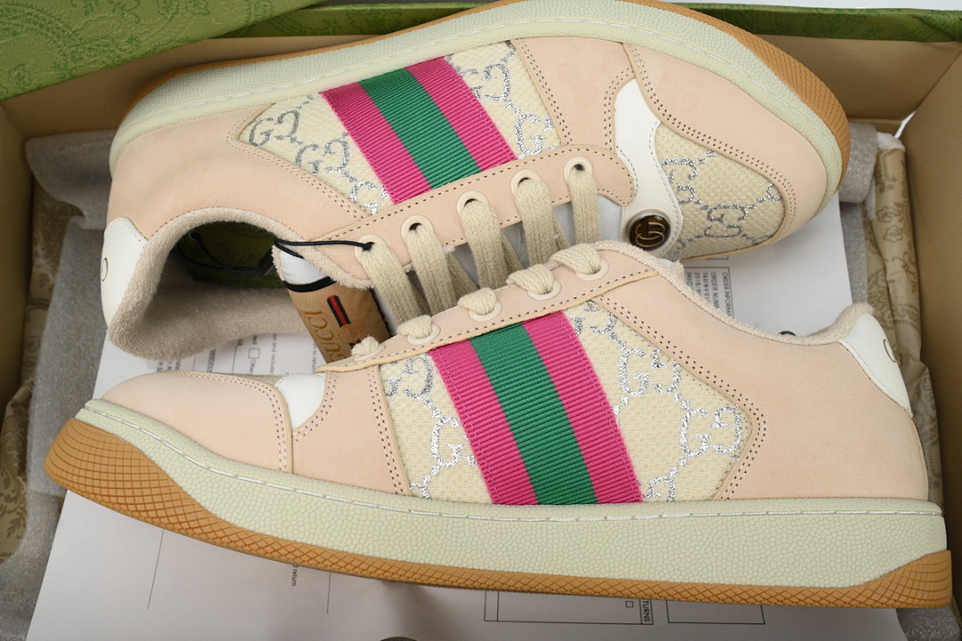  FC God Batch Gucci Screener Sneakers Beige with Pink-Green Web Stripe
