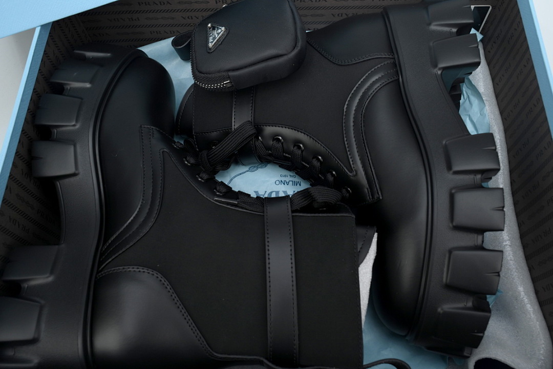 FC God Batch  Prada Black Lugged Sole Ankle Boots with Triangle Logo Pouch