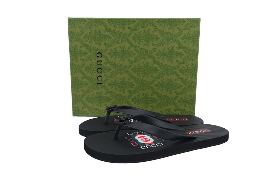 Gucci Black Rubber Flip Flops with Printed Logo and Black GG Hardware