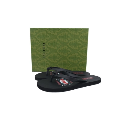 Gucci Black Rubber Flip Flops with Printed Logo and Black GG Hardware 02