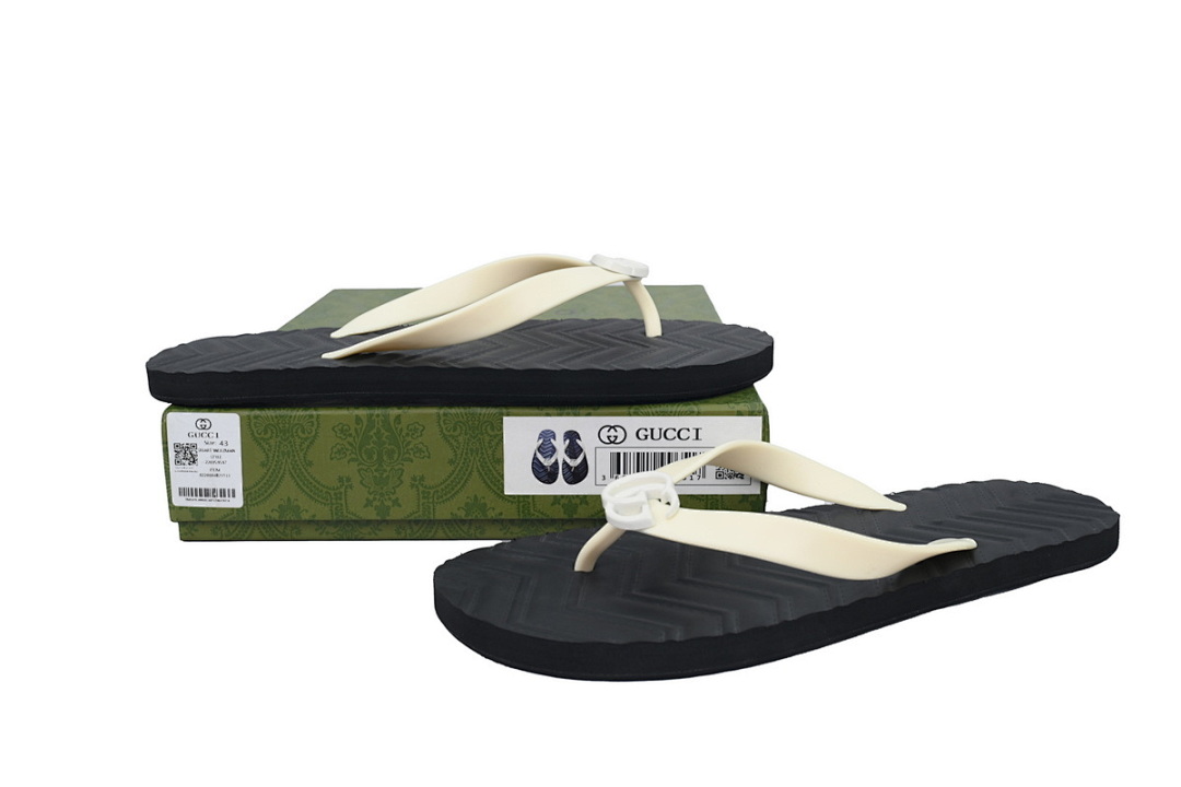 Gucci Two-Tone Flip Flops with Ivory Straps & Black Chevron Sole