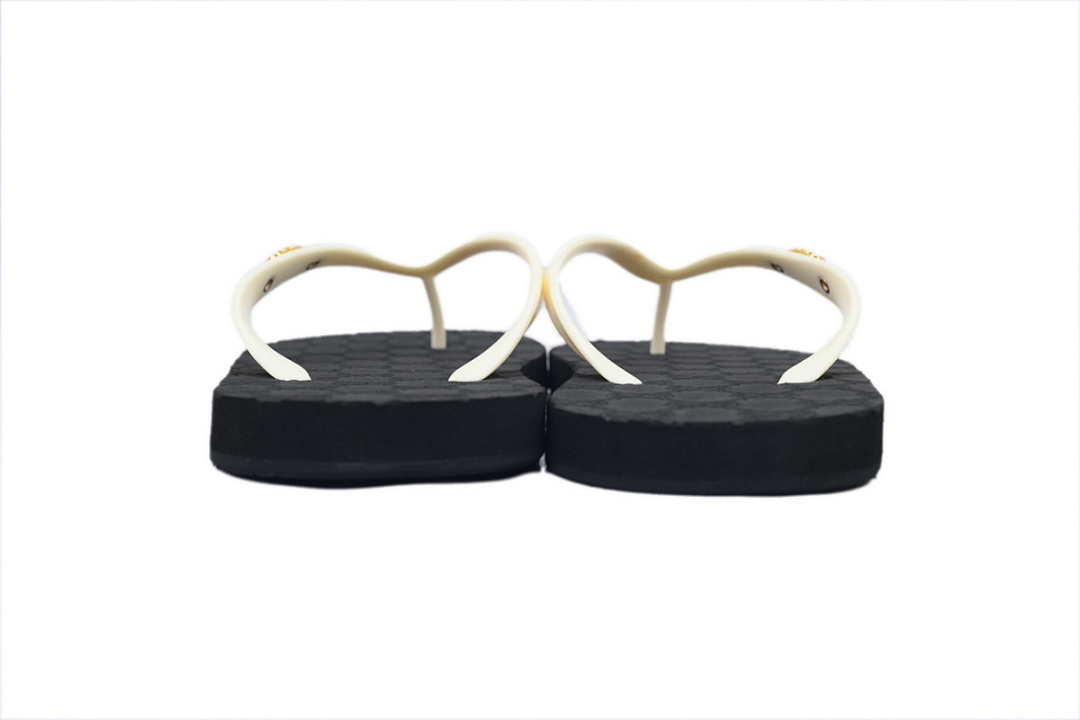 Gucci Black Rubber Flip Flops with White Straps and Gold Interlocking G Logo