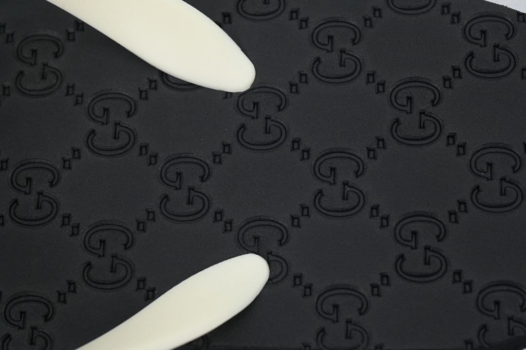 Gucci Black Rubber Flip Flops with White Straps and Gold Interlocking G Logo