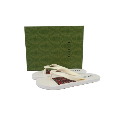 Gucci Branded Ivory Rubber Flip Flops with Red Floral Detail 02
