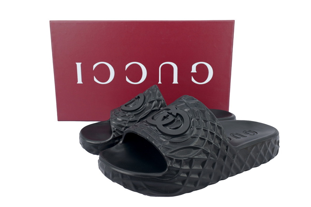 Gucci Branded Black Rubber Slides with 3D Interlocking G Hardware