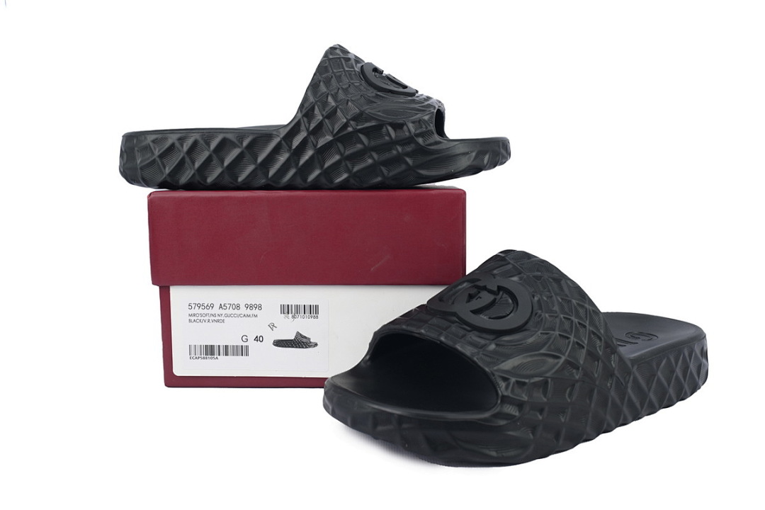 Gucci Branded Black Rubber Slides with 3D Interlocking G Hardware