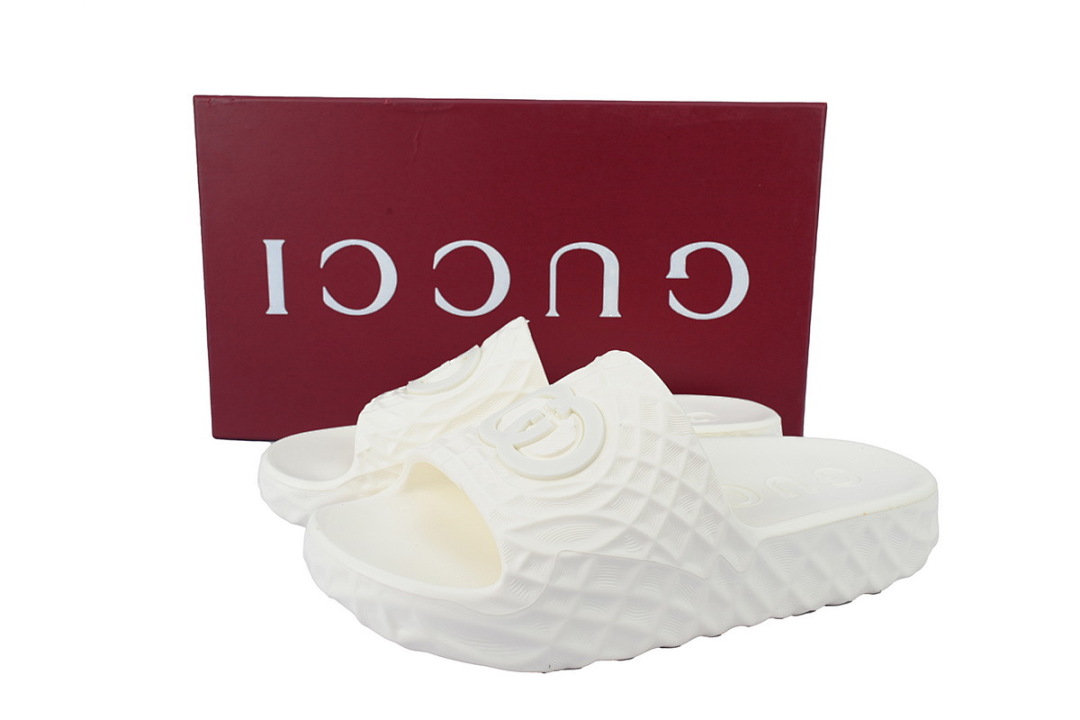 Gucci Branded White Rubber Slides with 3D Interlocking G Hardware