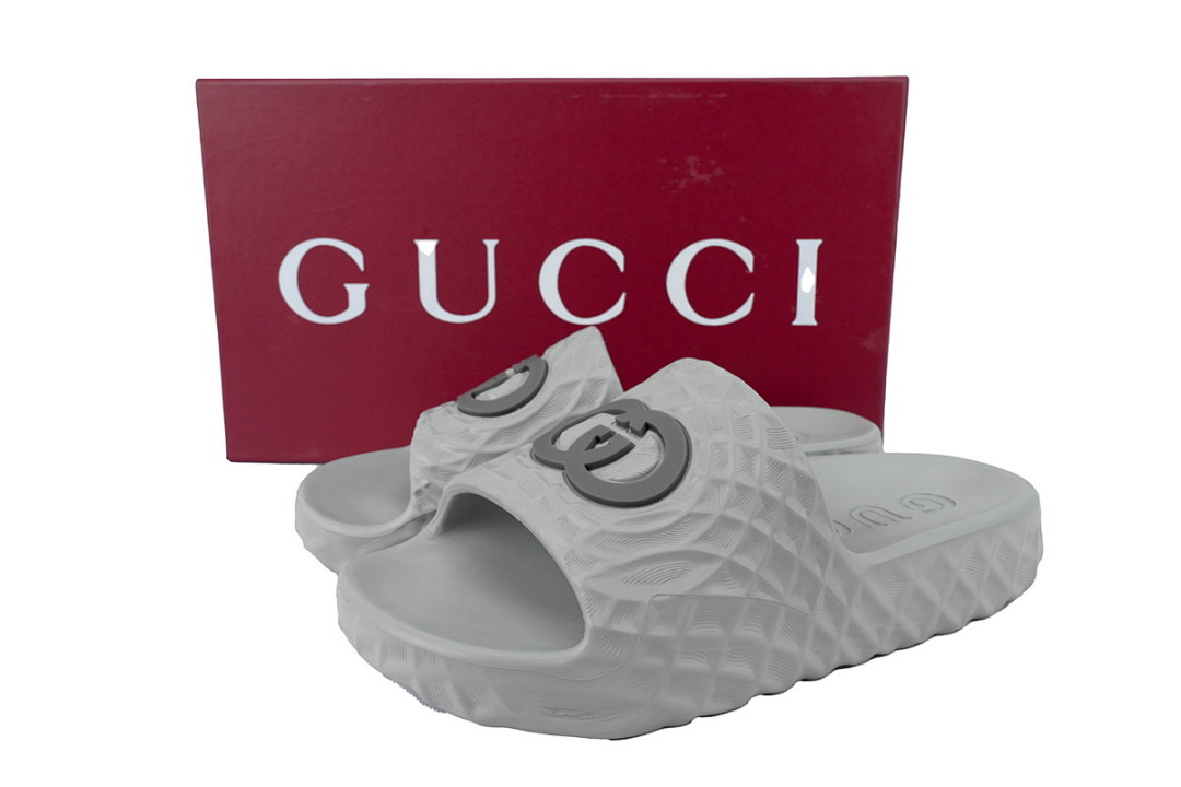 Gucci Branded Gray Rubber Slides with 3D Interlocking G Hardware
