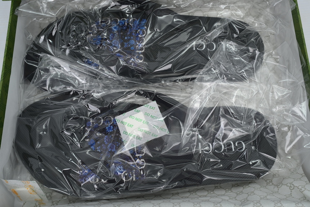 Gucci Branded Black Rubber Flip Flops with Blue Floral Detail