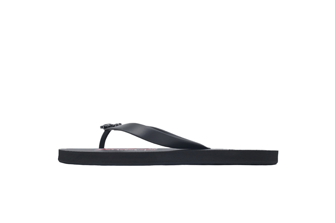 Gucci Branded Black Rubber Flip Flops with Red Floral Detail