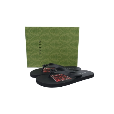 Gucci Branded Black Rubber Flip Flops with Red Floral Detail 02
