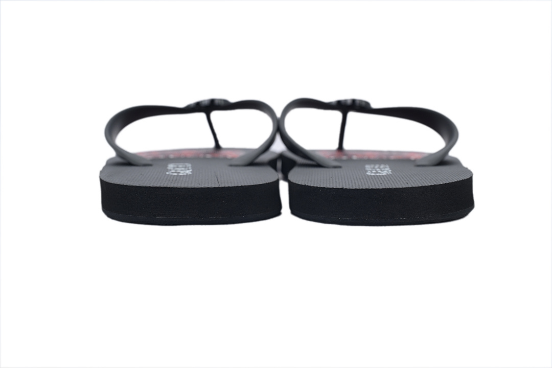 Gucci Branded Black Rubber Flip Flops with Red Floral Detail