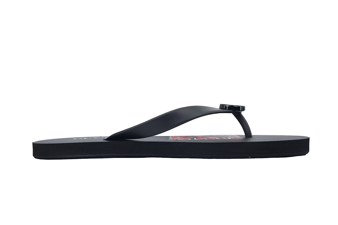 Gucci Branded Black Rubber Flip Flops with Red Floral Detail
