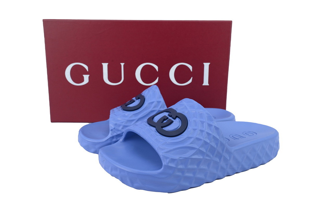 Gucci Branded Blue Rubber Slides with 3D Interlocking G Hardware