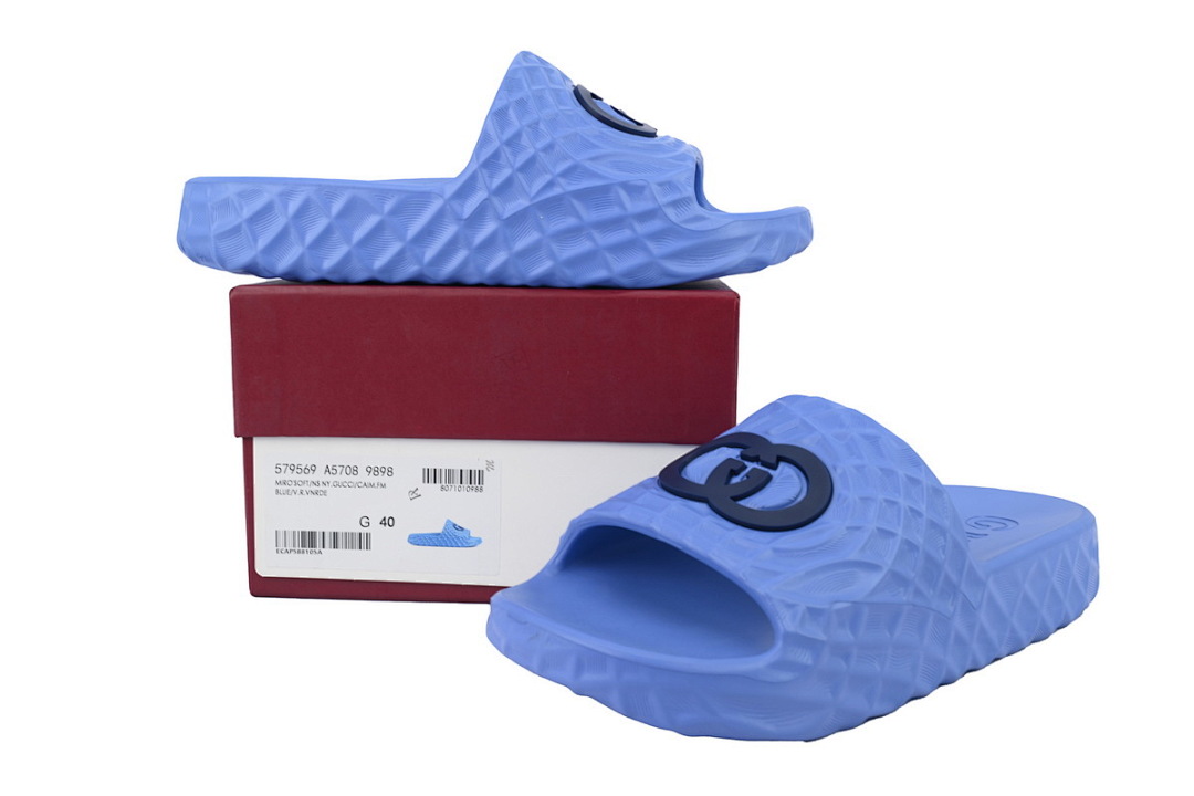 Gucci Branded Blue Rubber Slides with 3D Interlocking G Hardware