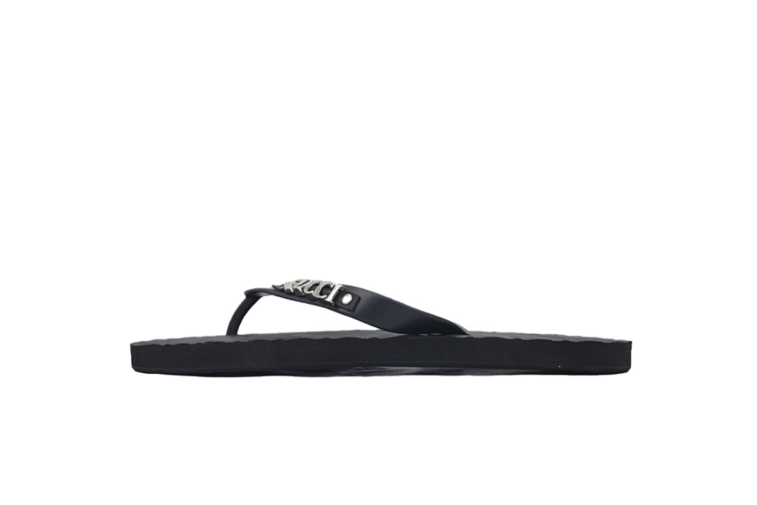 Gucci Black Rubber Flip Flops with Silver Metal GUCCI Logo