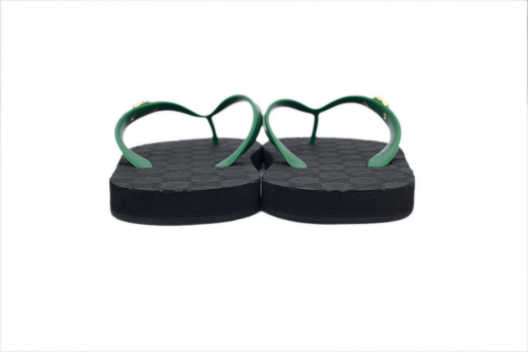 Gucci Two-Tone Flip Flops with Green Straps & Black GG Embossed Sole