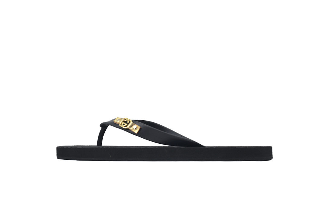 Gucci Black Rubber Flip Flops with Gold Interlocking G Logo