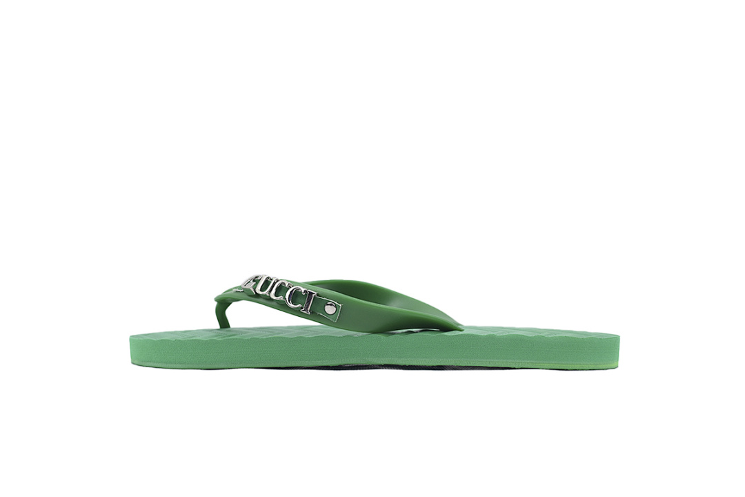 Gucci Green Rubber Flip Flops with Silver Metal Logo
