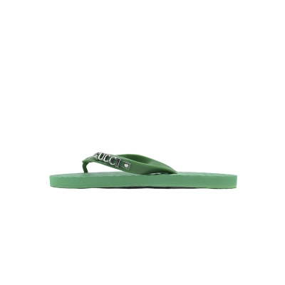 Gucci Green Rubber Flip Flops with Silver Metal Logo 01