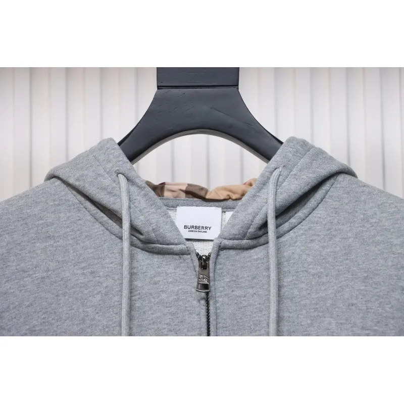 Bstsneaker-Burberry Warhorse Logo Embroidered Check Hooded Zip-Up Jacket Grey