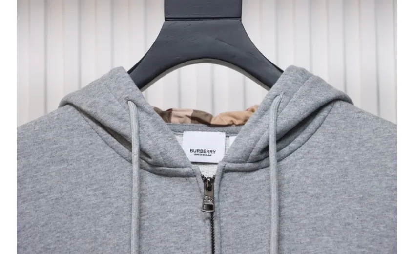 Bstsneaker-Burberry Warhorse Logo Embroidered Check Hooded Zip-Up Jacket Grey