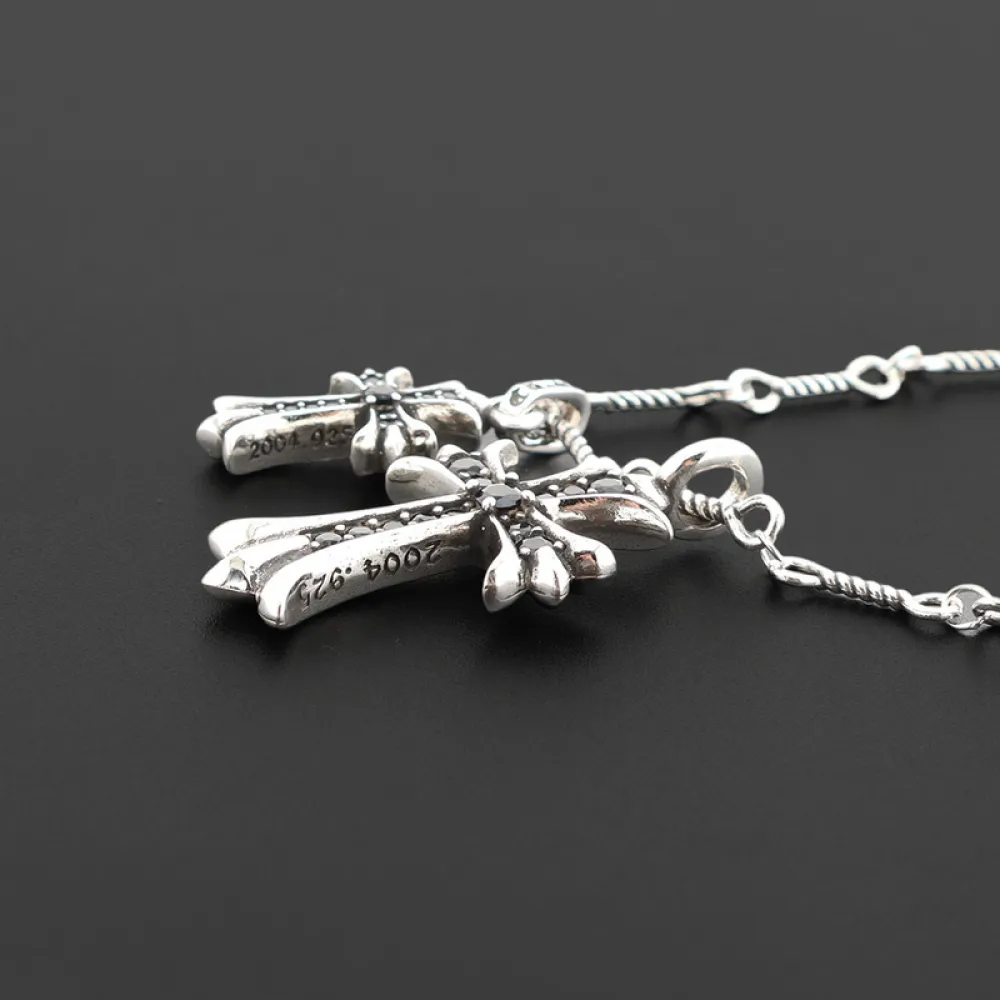 Bstsneaker-Chrome Hearts Double Cross Black Diamond Bamboo Necklace Silver 180