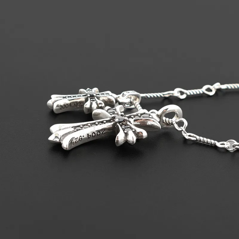 Bstsneaker-Chrome Hearts Double Cross Black Diamond Bamboo Necklace Silver 180