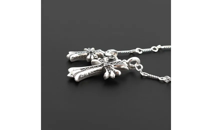 Bstsneaker-Chrome Hearts Double Cross Black Diamond Bamboo Necklace Silver 180
