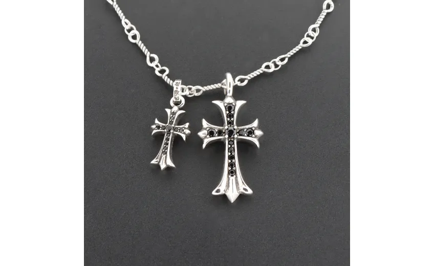 Bstsneaker-Chrome Hearts Double Cross Black Diamond Bamboo Necklace Silver 180
