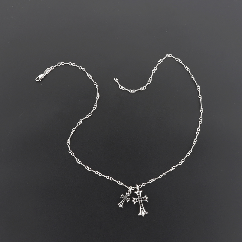 Bstsneaker-Chrome Hearts Double Cross Black Diamond Bamboo Necklace Silver 180