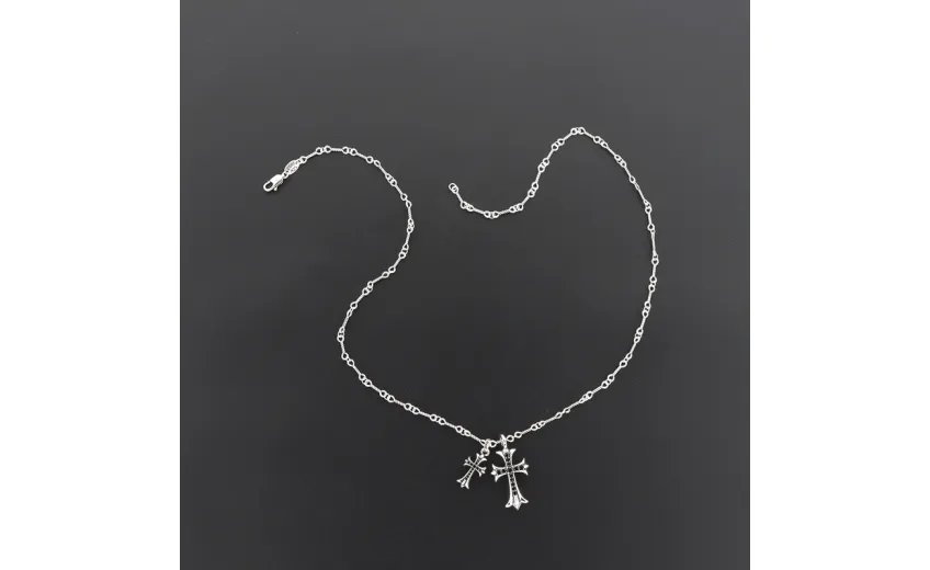 Bstsneaker-Chrome Hearts Double Cross Black Diamond Bamboo Necklace Silver 180