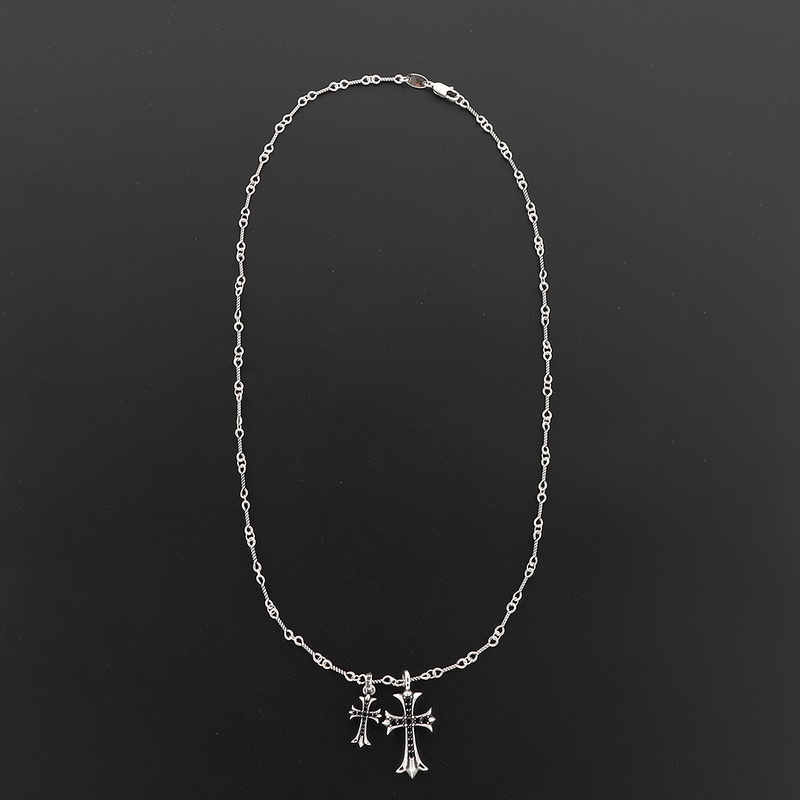 Bstsneaker-Chrome Hearts Double Cross Black Diamond Bamboo Necklace Silver 180