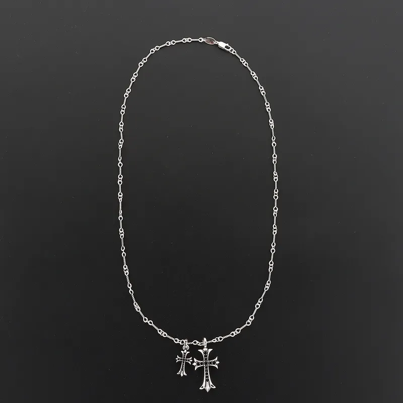 Bstsneaker-Chrome Hearts Double Cross Black Diamond Bamboo Necklace Silver 180