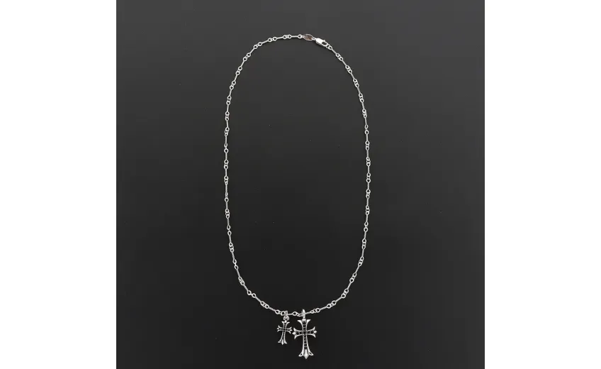 Bstsneaker-Chrome Hearts Double Cross Black Diamond Bamboo Necklace Silver 180