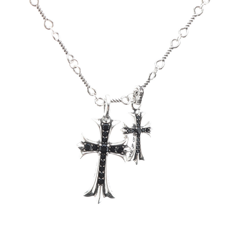 Bstsneaker-Chrome Hearts Double Cross Black Diamond Bamboo Necklace Silver 180