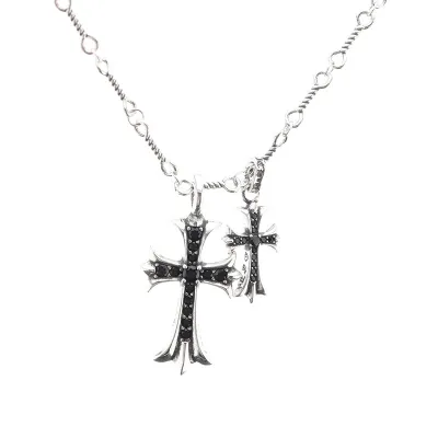 Chrome Hearts Double Cross Black Diamond Bamboo Necklace Silver 180 01