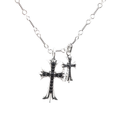 Bstsneaker-Chrome Hearts Double Cross Black Diamond Bamboo Necklace Silver 180 01