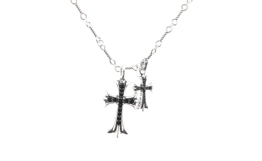 Bstsneaker-Chrome Hearts Double Cross Black Diamond Bamboo Necklace Silver 180