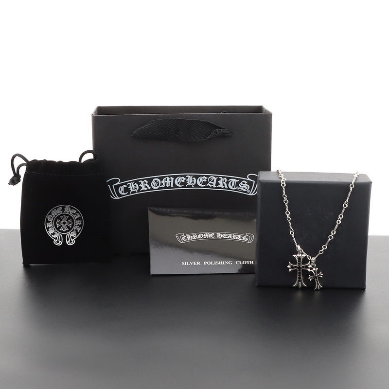 Bstsneaker-Chrome Hearts Double Cross Black Diamond Bamboo Necklace Silver 180