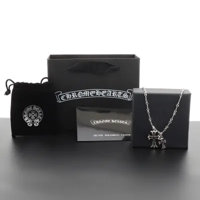 Chrome Hearts Double Cross Black Diamond Bamboo Necklace Silver 180 02