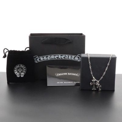 Bstsneaker-Chrome Hearts Double Cross Black Diamond Bamboo Necklace Silver 180 02