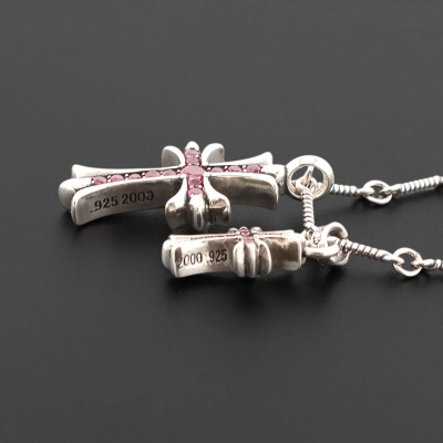 Bstsneaker-Chrome Hearts Double Cross Purple Diamond Bamboo Necklace Silver 180 02