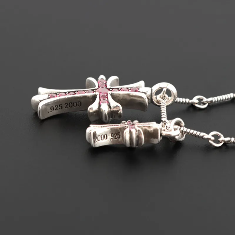 Chrome Hearts Double Cross Purple Diamond Bamboo Necklace Silver 180