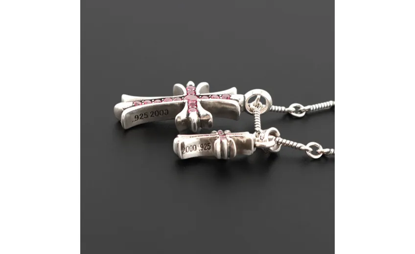 Chrome Hearts Double Cross Purple Diamond Bamboo Necklace Silver 180